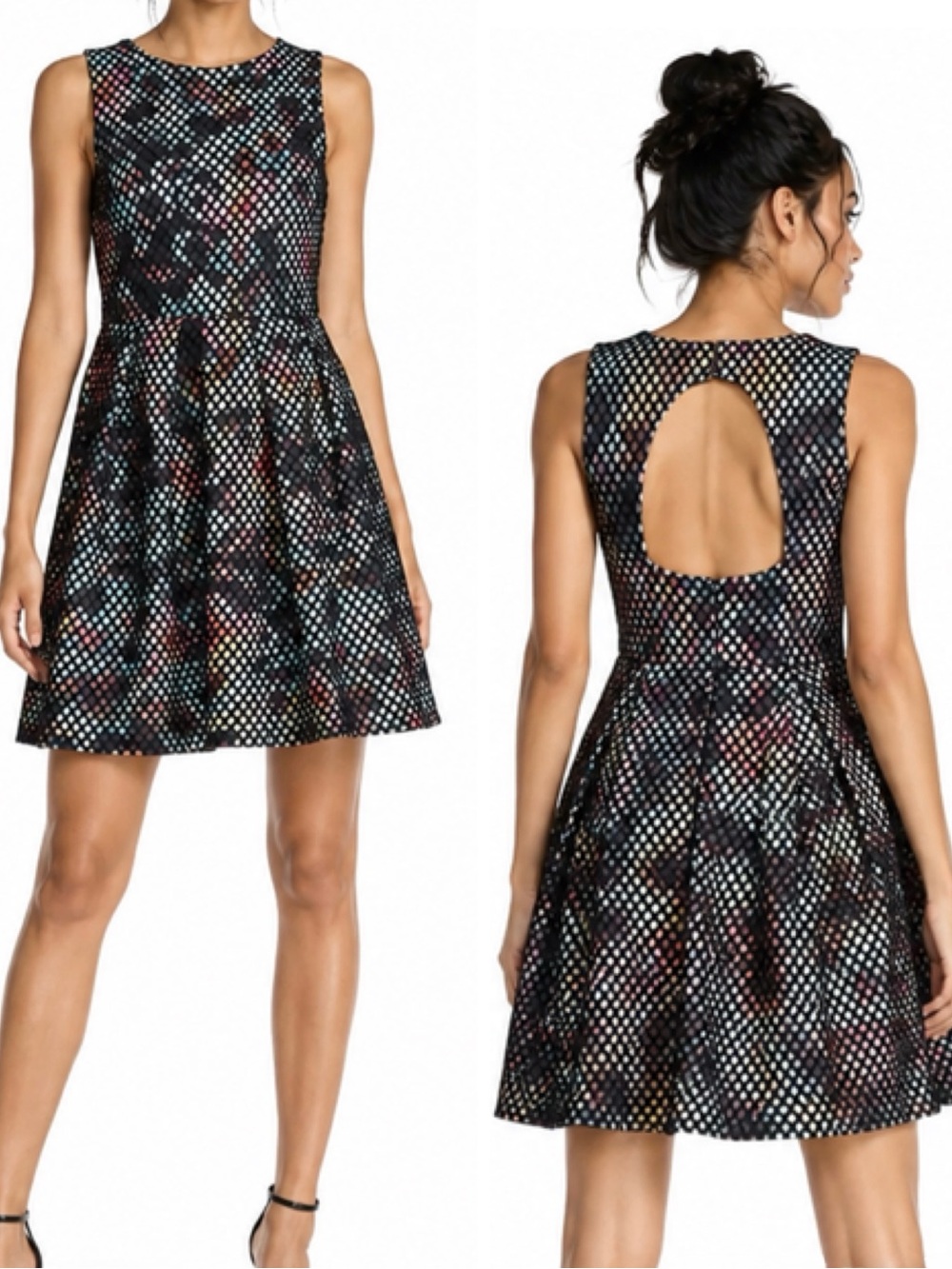 KAYA & SLOANE Cut-out Back Bonded Black Mesh Multicolor Fit & Flare Mini Dress